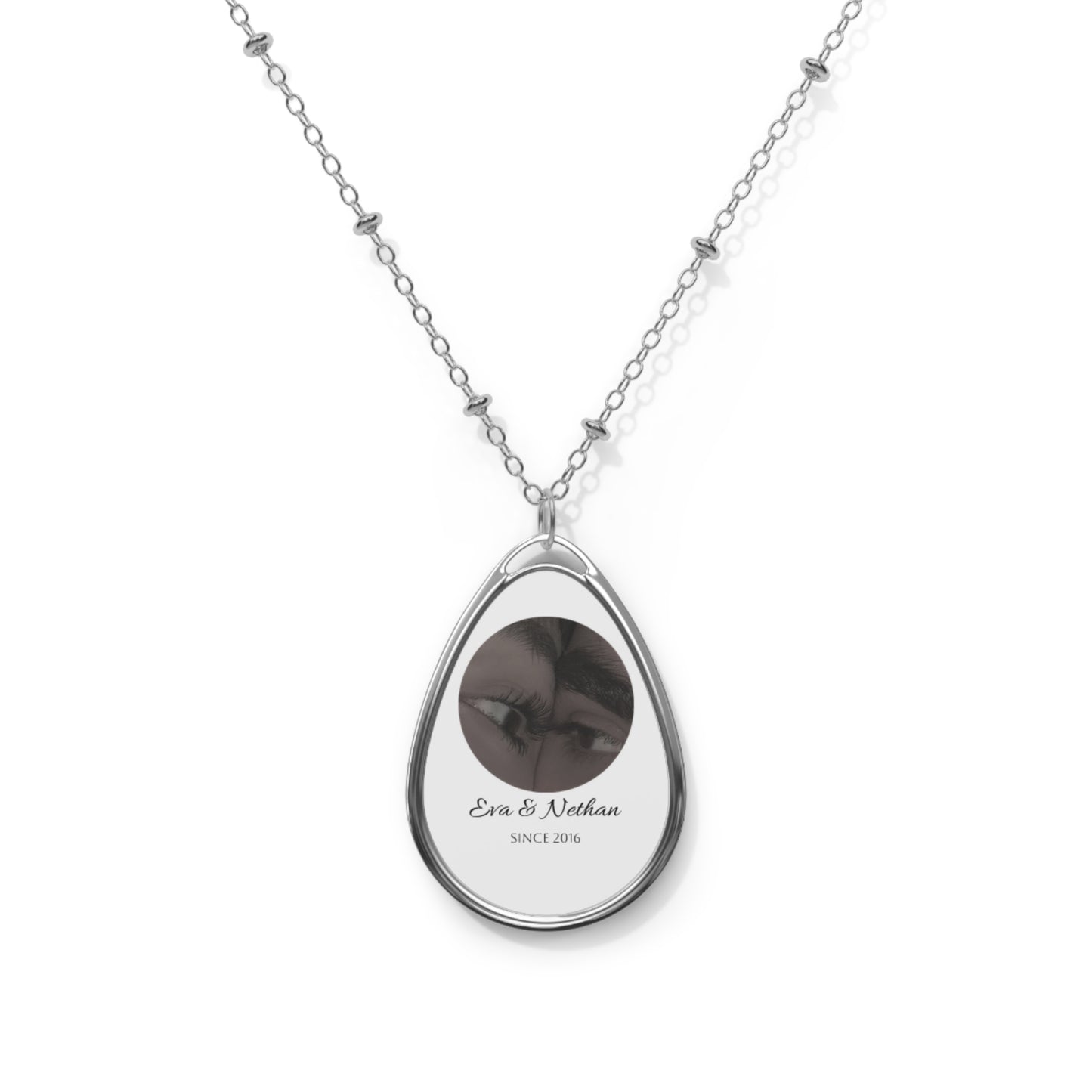 Personalized Oval Photo Necklace — Engraved Teardrop Pendant with Names & Date