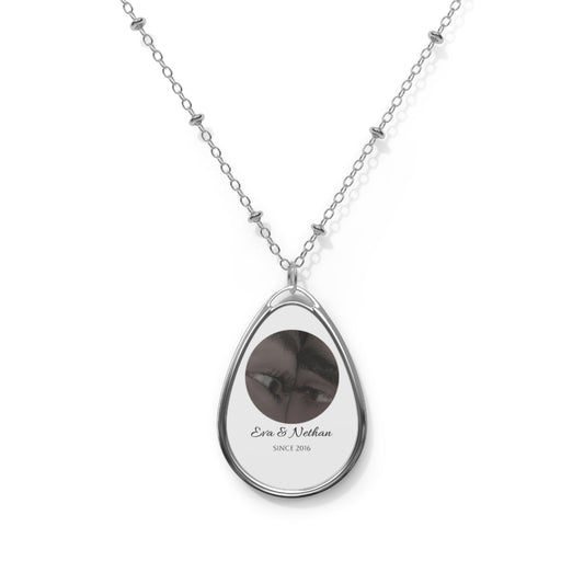 Personalized Oval Photo Necklace — Engraved Teardrop Pendant with Names & Date